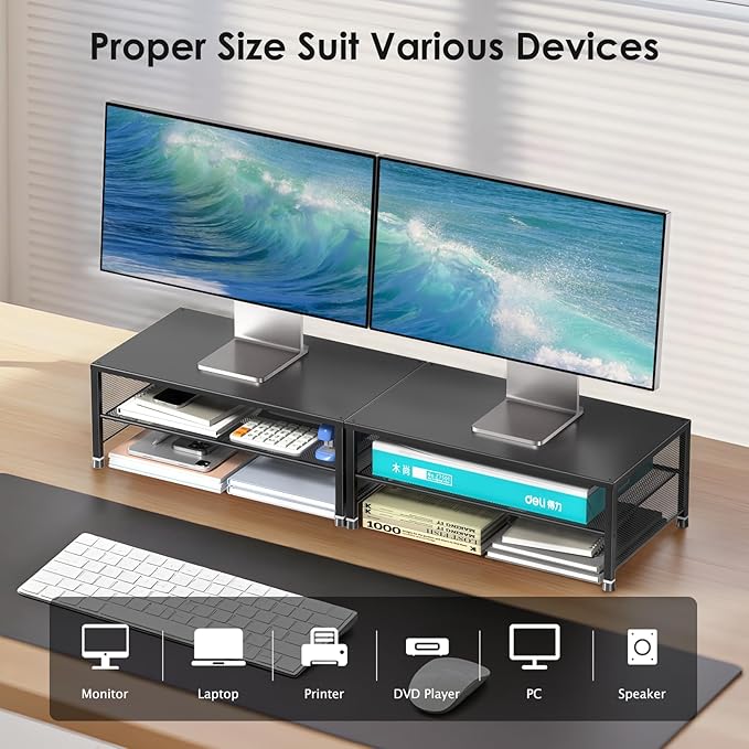 Desk Organizers and Accessories, 2-Tier Metal Computer Monitor Stand Riser, Desk Organizer for Monitor, Printer & Laptop Stand, Desktop Workspace Organizers for Office Supplies(Black 2-Pack)