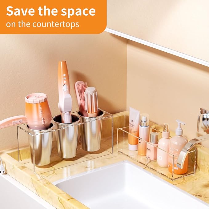 NIUBEE Hair Tool Organizer, Acrylic Hair Dryer and Styling Holder, Bathroom Countertop Blow Dryer Organizer, Vanity Storage Stand for Accessories, Makeup, Toiletries (Clear)