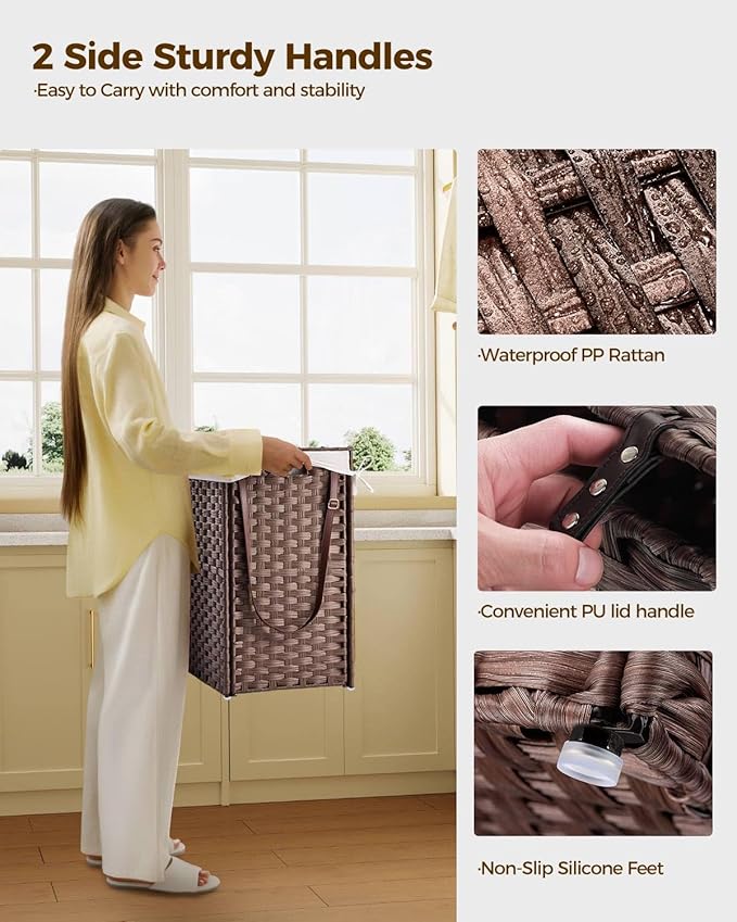 Greenstell Laundry Hamper with Wheels, No Install Needed, 110L Divided Handwoven Hampers & 2 Removable Liner Bags, Rattan Clothes Laundry Basket with Lid & Handles, Foldable Hampers Brown 22x13x26.4In