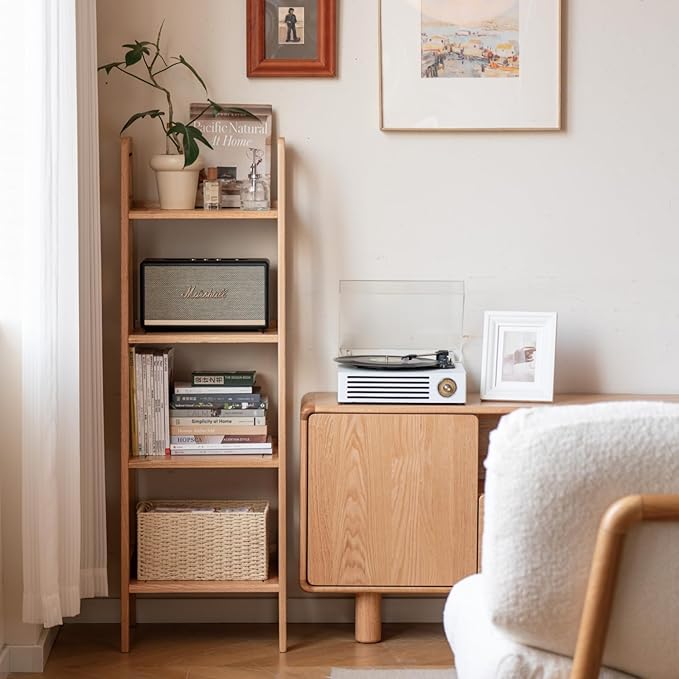 100% Solid Oak 4 Tier Ladder Shelf, Small Bookshelf, Ladder Bookshelf, Bookcase with Stable Frame, Small Table for Living Room Bedroom (Natural,17.32" D x 16.53" W x 53.54" H)