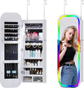 6 LED Mirror Jewelry Cabinet - Wall/Door Mounted Armoire with Large Capacity, Lockable, 14 Dimmable Lights + Adjustable Full-Length Standing or Hanging, White - Cosmetic Storage Organizer, Gift Idea