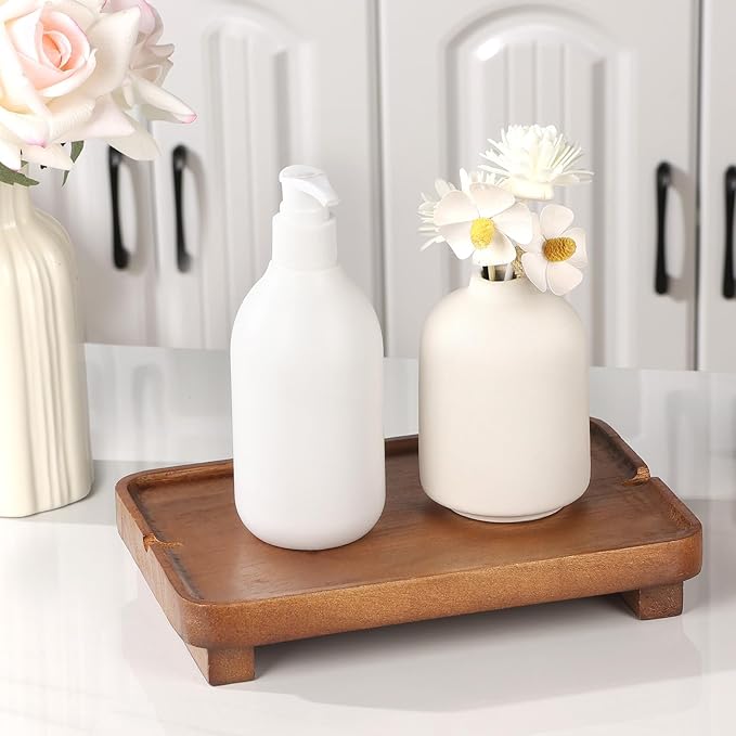 Wood Riser Small Decorative Tray Sink Soap Dish, Vanity Tray Pedestal Stand 9 x 5.9 inches (Light Brown)