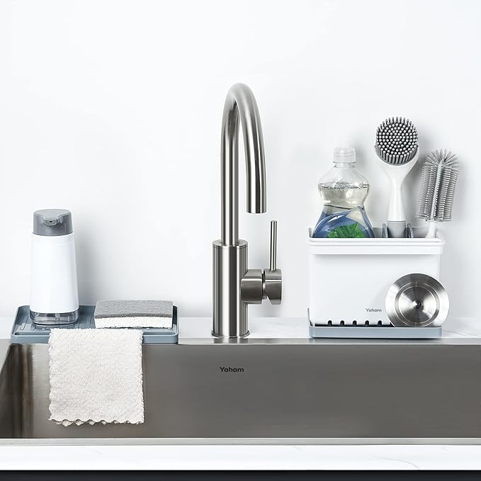 YOHOM Sink Brush Holder for Kitchen Sink Sponge Caddy Countertop Organizer Plastic Dish Scrubber Holder with Dividers