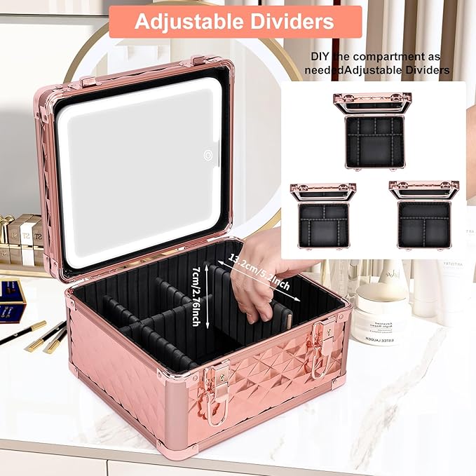 Makeup Box with Led Mirror,Travel Train Hard Case with Rechargeable Mirror Adjustable Dividers,Cosmetic Organizer Storage Bag for Makeup Artist,Appropriate Gift for Women Girls,Sparkling Rose Gold