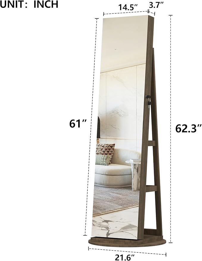 Montary 360° Rotating Jewelry Cabinet with Full-Length Mirror - Freestanding Jewelry Armoire with Lockable Storage, Built-In Lighted Mirror & Back Display Shelves,Brown