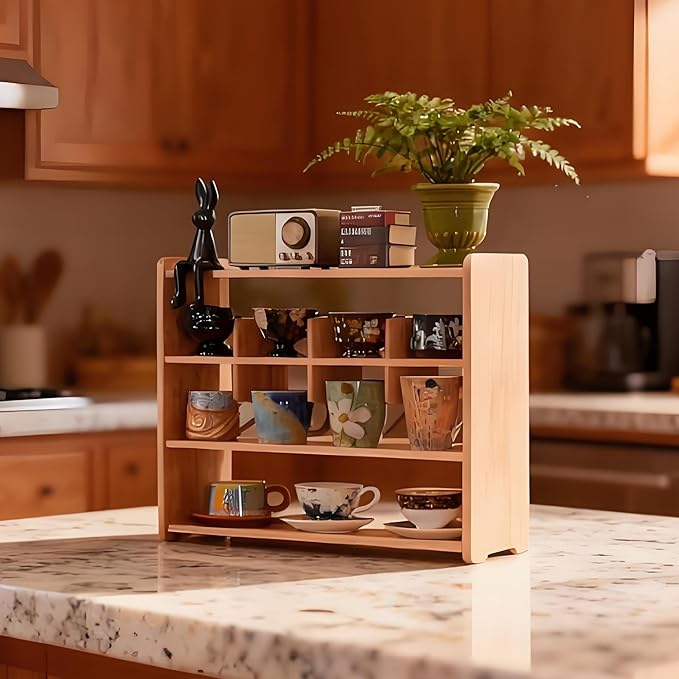 Coffee Cup Holder for Countertop Walnut Wood Coffee Mugs Holder for Kitchen Mug Display Rack (4-Tier wood A)