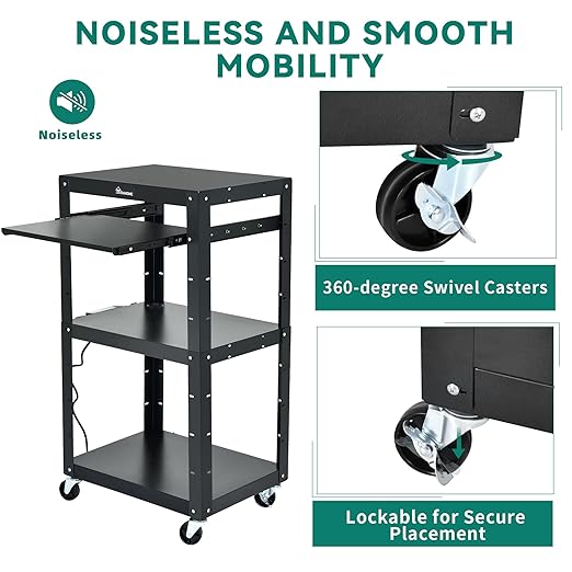 YITAHOME AV Cart on Wheels, 3-Shelf Metal Presentation Utility Cart with Keyboard Tray and Power 16.4ft Extra-Long Cord, Rolling Storage Cart with Adjustable Shelves for Offices, Warehouses, Black