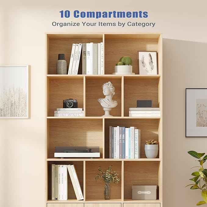71" Tall Bookshelf with 10 Cubes and 3 Doors, 4-Tier Bookshelf, Open Shelf Bookcase with Cabinet, Modern Cube Storage Organizer for Living Room, and Office, Natural Wood Color
