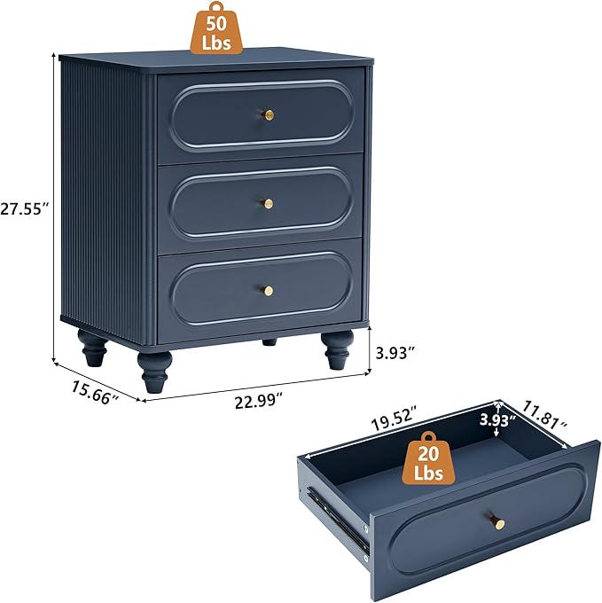 3 Drawer Fluted Dresser for Bedroom, Mid Century Modern Chest of Drawers, Wood Storage Small Dresser Organizer for Bedroom Living Room Hallway Closet, Blue