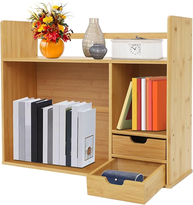 Bamboo Desktop Bookshelf 2-Tier Short Bookshelf with 2 Drawers Desk Shelf for Top of Desk Organizer Shelves Table Top Shelf Desktop Shelves for Offices & Studies (Short Style-22.83" L)