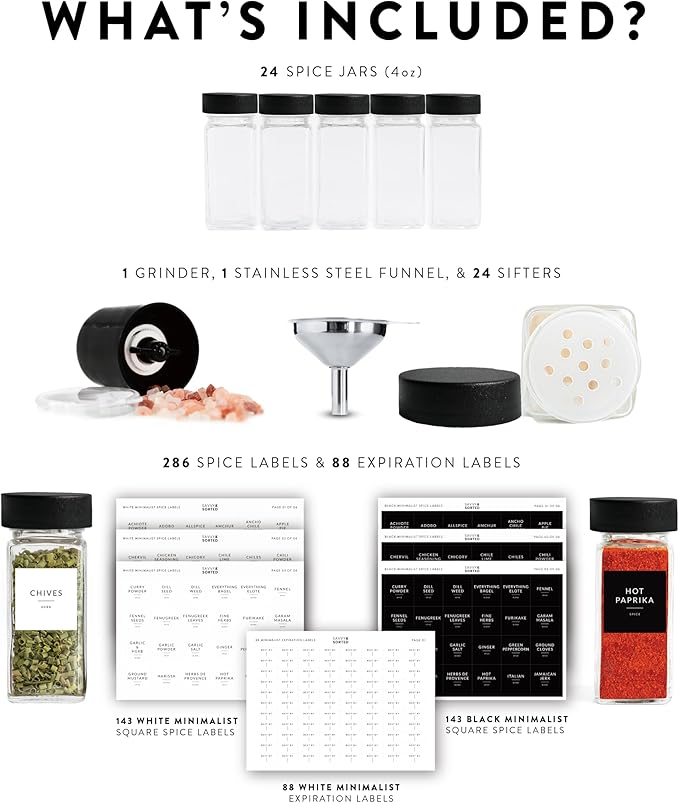 SAVVY & SORTED Glass Spice Jars with Label 24 PK - 4 Oz Spice Containers with 374 Minimalist Labels Stickers, Pepper Grinder Funnel Shaker Lids, Empty Square Seasoning Rack Organizer