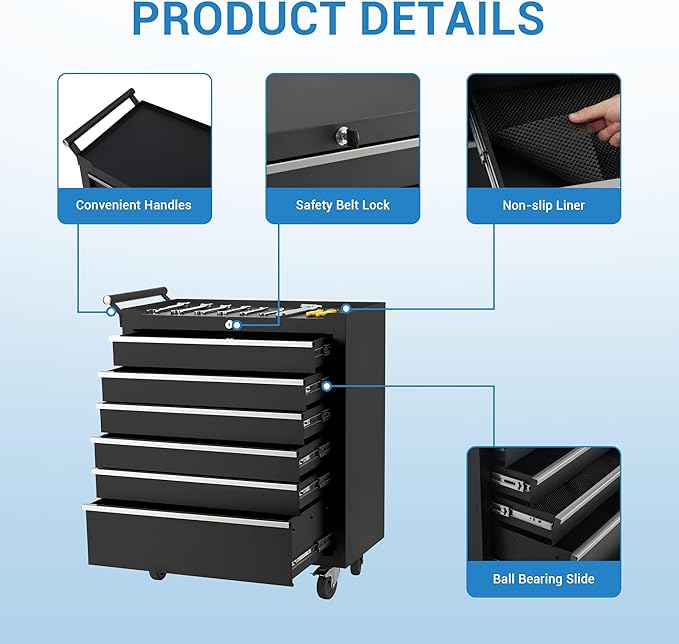 IDEALHOUSE Rolling Tool Chest, 6 Drawers Tool Storage Cabinet, Toolbox with Wheels, Portable Tool Cabinet Organizer with Locking System & Drawer Liners, Tool Storage Cart for Garage, Workshop, Black