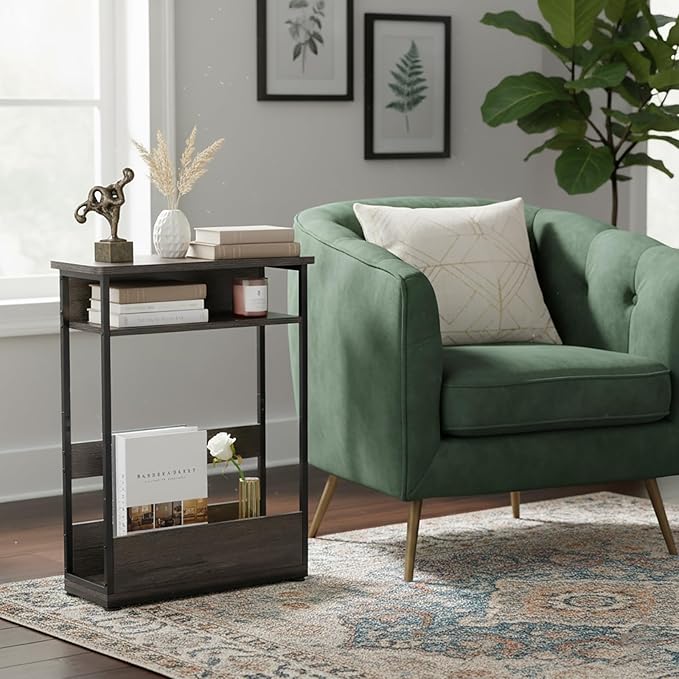 Vintage Narrow Side Table with Storage Shelf, 3 Tier Slim End Table Modern Sofa Table for Narrow and Small Spaces, 24.6 Inch Height Bedside Table Nightstand (Grey, Large)