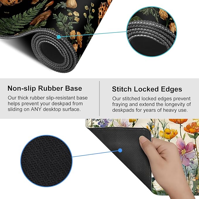 Vintage Butterfly Mushroom Mouse Pad – Large Extended Desk Mat 35.43 x 15.75 in – Dark Forest Aesthetic with Ferns & Fungi, Waterproof Surface, Non-Slip Rubber Base, Keyboard & Mouse Pad