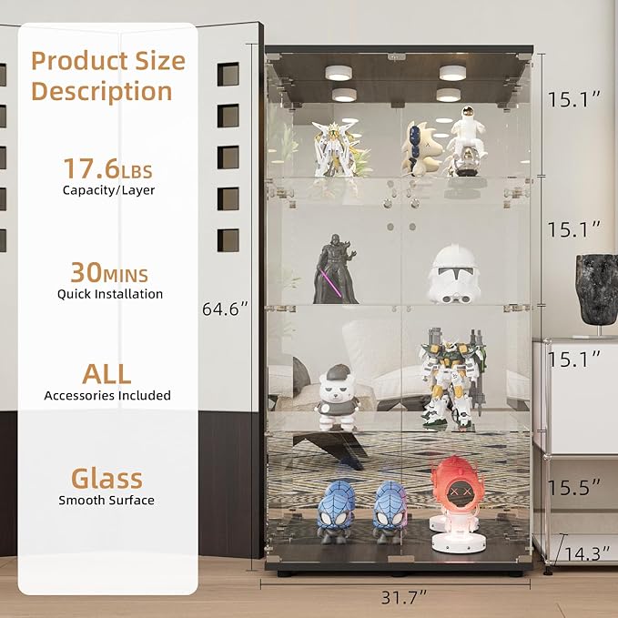Beauty4U Glass Display Cabinet with LED Lights and Mirror, 4 Shelves with 2 Doors, Curio Cabinets for Living Room, Bedroom, Office, Black Floor Standing Glass Bookshelf, Quick Installation