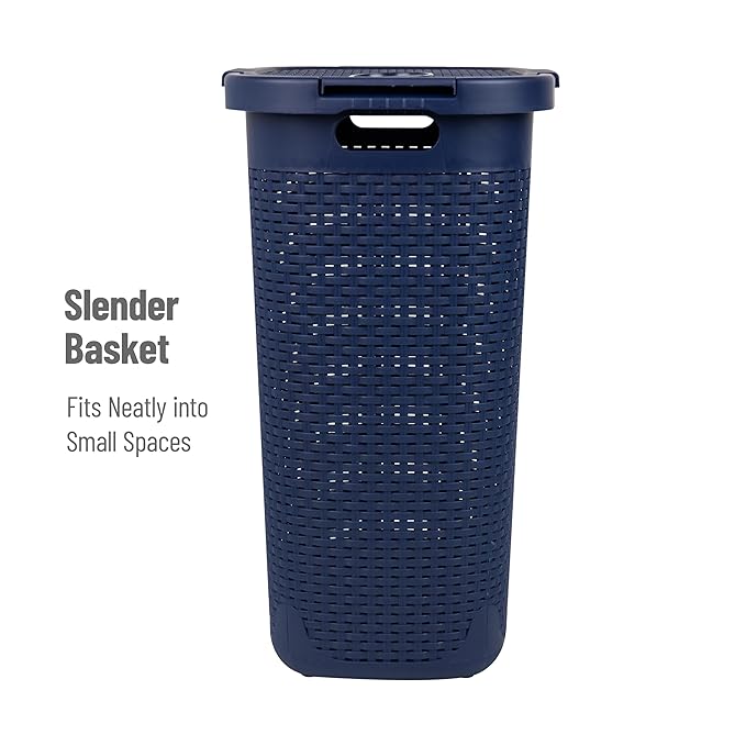 Mind Reader Slim Laundry Hamper with Lid, 60L Clothes Basket, Premium Wicker Design, Plastic, Navy