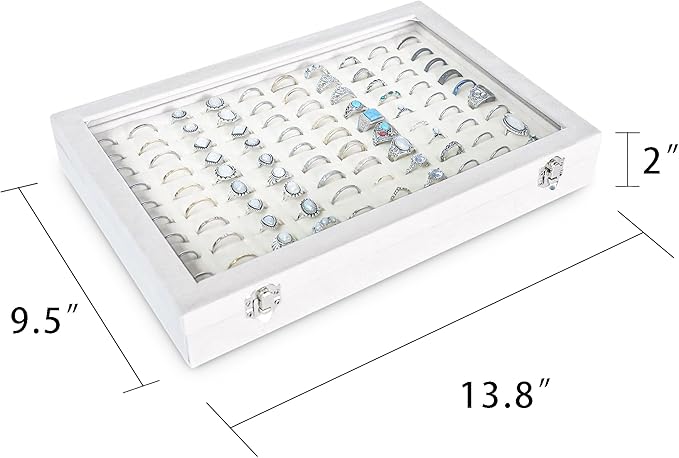 Frebeauty Ring Organizer Tray 100 Slots Ring Holder with Clear Lid Velvet Storage Box Jewelry Tray for Jewelry Store Earring Display Case for Jewelry Show Studs Box for Women(White)