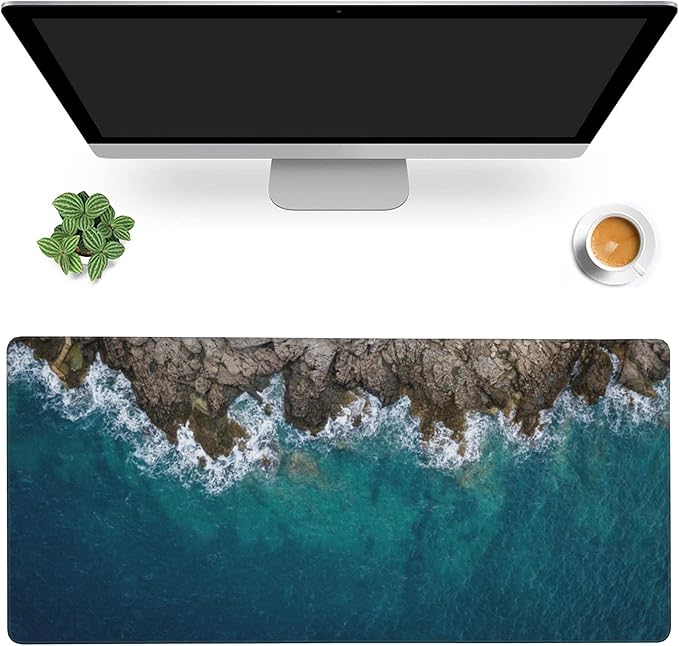 Desk Mat,Sea Waves and Fantastic Coast Gaming Mouse Pad,XXL Extended Mouse Pad Mat for Office,Computer,Keyboard with Non-Slip Base Stitched Eges Mousepad 35.4x15.75 inch
