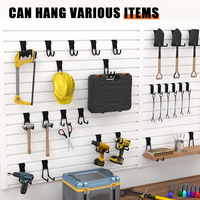 18-Pack Heavy-Duty Slatwall Hooks in Black, Firmly and Durable Garage Wall Organizer for Tools, Garden Equipment & Utility Storage, Garage Hooks for Hanging