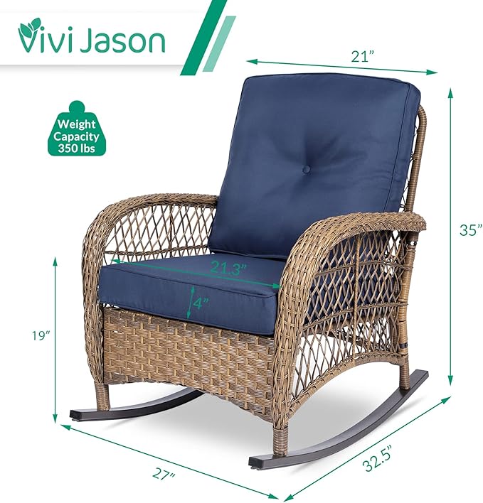 VIVIJASON Outdoor Wicker Rocking Chair, Patio Rattan Rocker Chair with Cushions & Steel Frame, All-Weather Rocking Lawn Wicker Furniture for Garden Backyard Porch (Navy Blue)