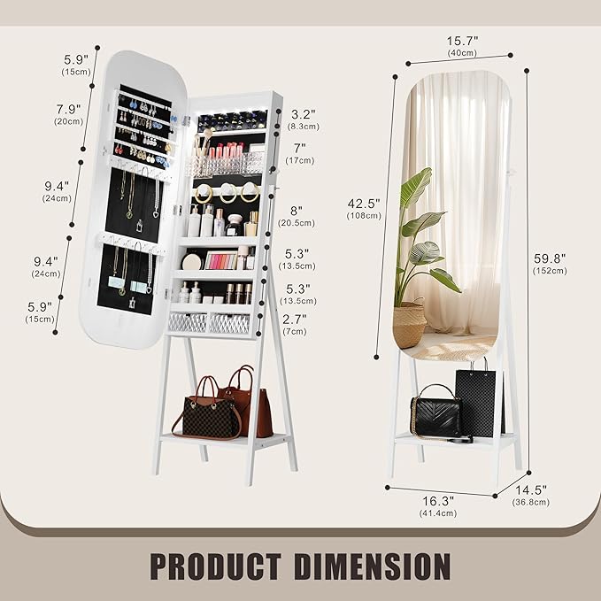 6 LED Mirror Jewelry Cabinet - Wall/Door Mounted Jewelry Armoire with Large Capacity - Lockable Tall Hanging Organizer - Cosmetic Storage & Gift Idea - White