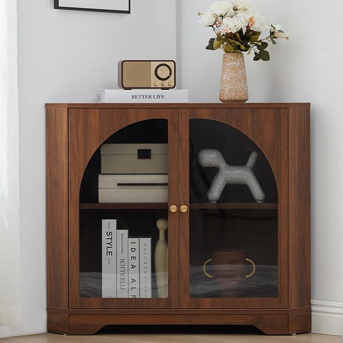 Mid-Century Floor Coner Storage Cabinet, 23" Short Small Wood Coner Cabinet with Adjustable Shelve & Acrylic Arched Mullion Doors for Bathroom, Living Room, Kitchen, Coofee Bar (Walnut)