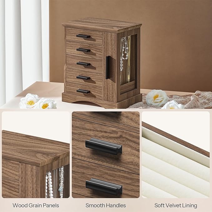 HOOBRO Jewelry Box for Women, Jewelry Organizer with Arc-Shaped Bottom, Wooden Jewelry Box, Side Transparent Window, Vertical Storage, for Earring, Necklace, Bracelet, Ring, Walnut and Black BH13JB04