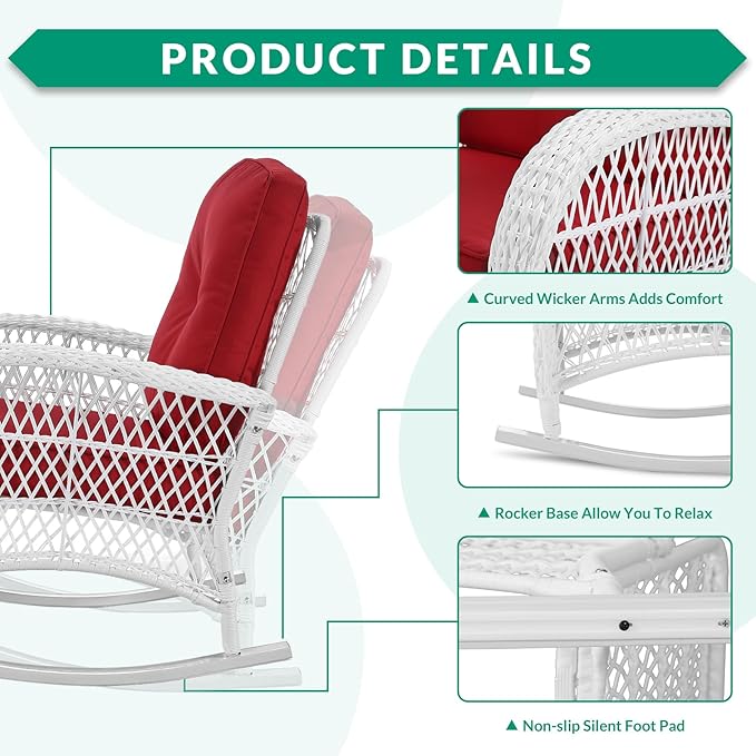 VIVIJASON Outdoor Wicker Rocking Chair, Patio Rattan Rocker Chair with Cushions & Steel Frame, All-Weather Rocking Lawn Rattan Furniture for Garden Backyard Porch (White Wicker/Red)