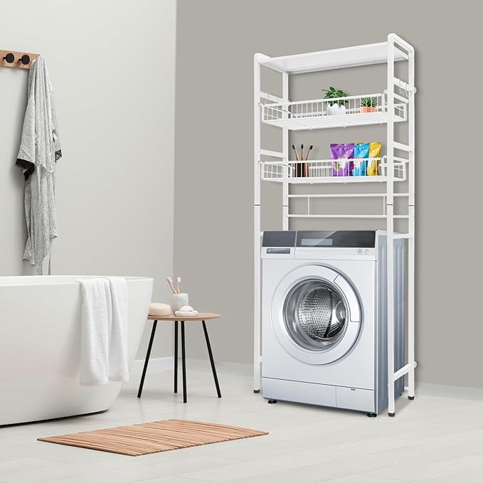 Over Washer and Dryer Storage Shelves, 3-Tier Washing Machine Organizer Rack with Height Adjustable Shelf for Laundry Room Bathroom Garage, W27.8*D10.2*H62in, White