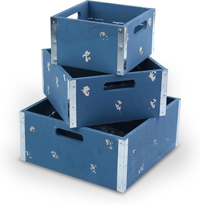 wald imports - Set of 3 Blue Wooden Crates for Storage - Decorative Wooden Crate Set for Home Decoration & Display - Vintage Storage for Household Goods