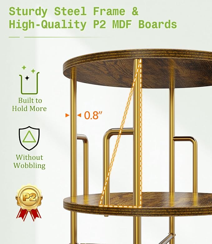 5 Tier Round Rotating Bookshelf Tower Gold,62” Tall Space Saving Spinning Bookshelf with Anti-Tipping Design,Metal Standing Revolving Bookcase Stackable for Small Spaces,Study,Living Room