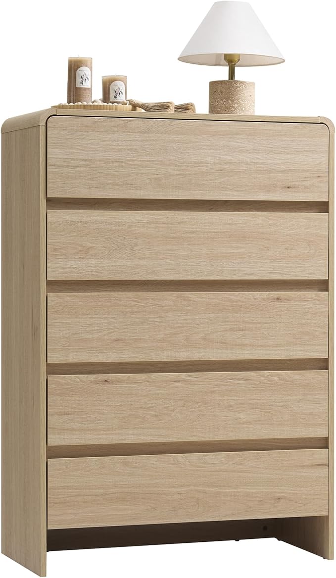AMERLIFE 5 Drawer Dresser for Bedroom, 48" Tall Modern Chest of Storage Drawers with Rounded Corners, Anti-Tip Kit, Wood Cabinet Organizer for Closet, Apartment, Nursery, Easy Assembly, Light Oak