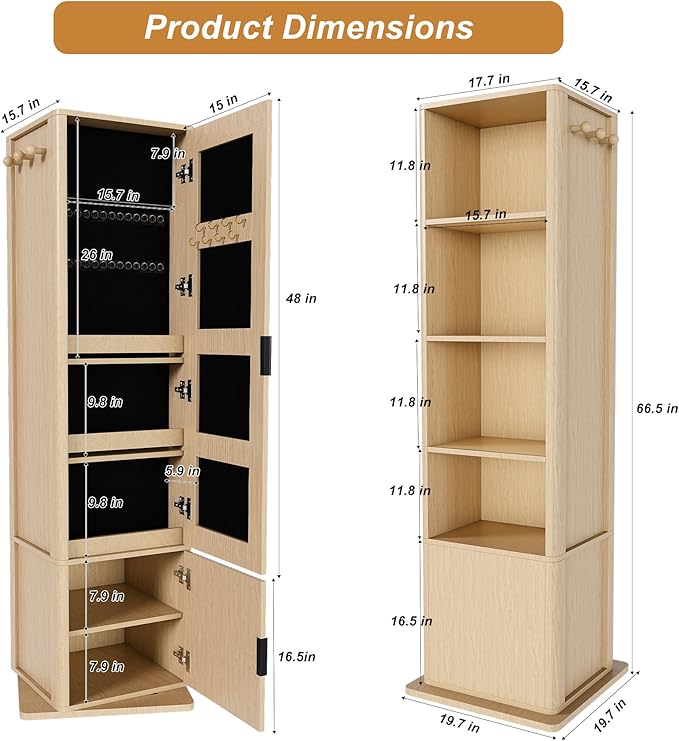 Montary 360° Rotating Makeup & Jewelry Cabinet with Full-Length Mirror - Standing Storage Organizer with Coat Rack, 4-Tier Open & Built-in Shelves, Walnut