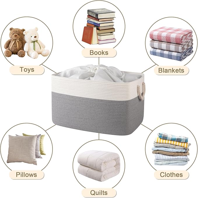 95L Extra Large Blanket Basket with Lid, 24" x 16.9" x 14.2" Woven Storage Basket for Living Room, Rectangle Nursery Blanket Storage for Toys, Towels, Dirty Clothes, Grey & White