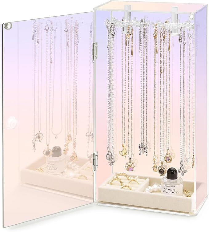 Cirhy Iridescent Necklace Holder Organizer for Women & Girls, Rotating Acrylic Jewelry Display Stand with Velvet Tray, Dustproof Necklace Organizer Box, Great Gift for Her