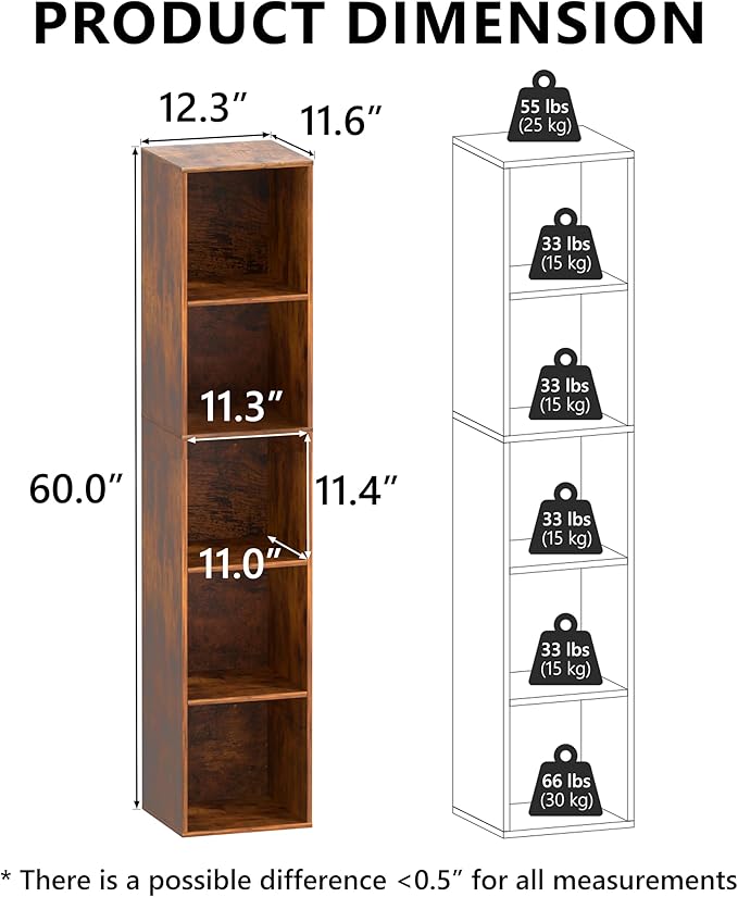 5 Cube Storage Organizer, 5 Tier Vertical Cube Bookcase Freestanding Storage Display Organizer for Home Office, Five Cubes Open Shelf Bookshelf (Retro Brown, 5 Cube)