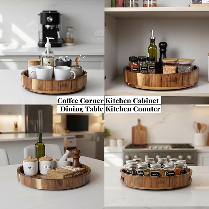 Acacia Wood Lazy Susan - 12 Inch Wooden Turntable Organizer for Kitchen Counter, Dining Table, Countertop - Rotating Serving Tray with Raised Edges - Natural Wood Finish