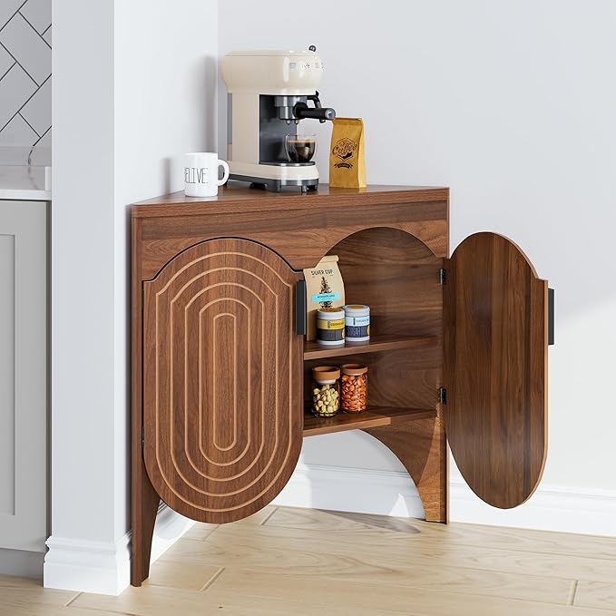 Small Corner Storage Cabinet, Mid Century Modern Floor Corner Cabinet with Curved Doors and Adjustable Shelves，Freestanding Narrow Storage Organizer for Bathroom, Living Room, Entryway(Walnut)