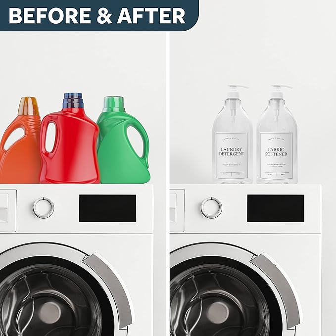 Calindiana Modern Farmhouse Liquid Laundry Detergent and Fabric Softener Dispenser for Laundry Room Decor and Organization, PET Plastic Landry Soap Containers with Water Resistant Labels, Clear 64oz