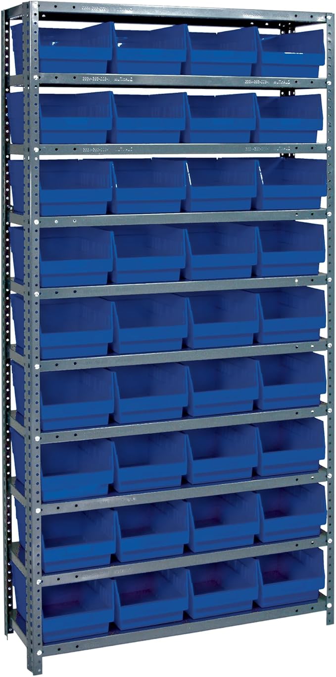 Quantum Storage Systems 1275-207BL Solid Heavy Duty 10 Shelves 36 Store-More Blue Bins 75" H x 36" W x 12" D