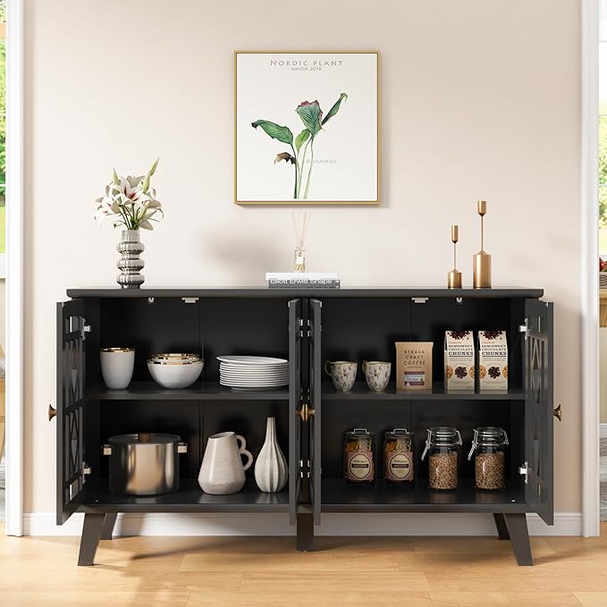 Scurrty 52" Buffet Cabinet with Storage,Sideboard with 4 Doors, Skeletonized Coffee Bar with Storage, Sideboard Cabinet for Dinning Room, Kitchen & Living Room (Black)