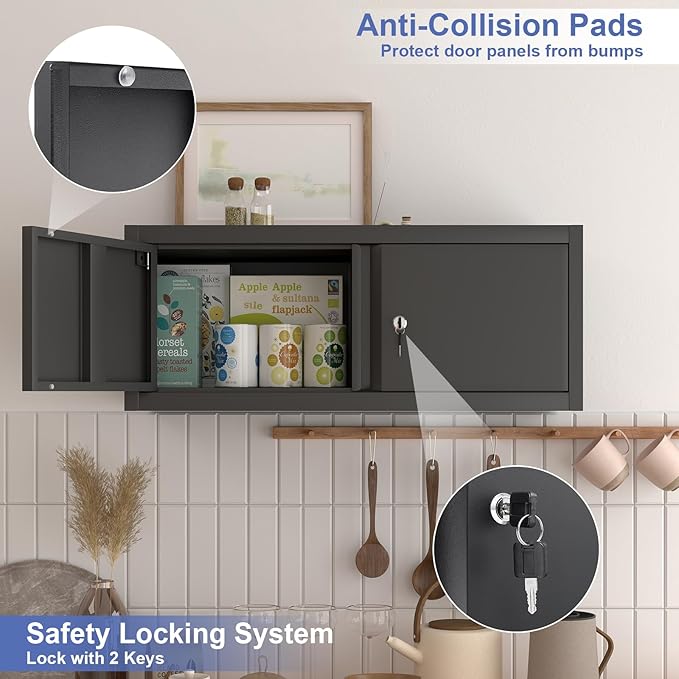 Garage Locking Cabinet, 13” H Garage Storage Cabinet Wall Mounted, Floating Storage Organization for RV, Hanging Tool Storage Cabinets for School, Office, Warehouse, Black