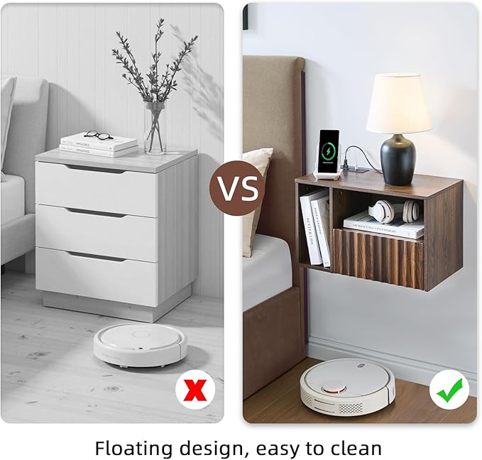 Modern Walnut Fluted Floating Nightstand with Charging Station, NightStand with Drawers, Bedside with USB Ports and Outlets, Bedroom Furniture (Right)