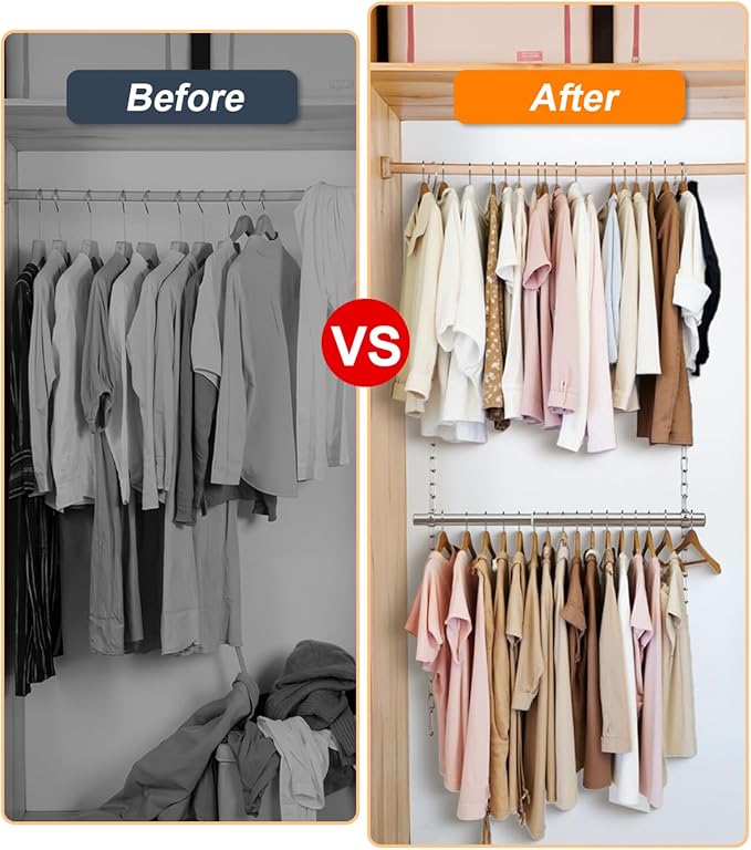 Hanging Closet Rod, Adjustable Width and Height Closet Rods Extender, 17-40inch Heavy-Duty Stainless Steel Bar, Space-Saving Closet Rod Hanging Clothes, 2Pack(Silver)