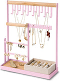 DreamGenius Jewelry Organizer Stand with Velvet Ring Holder, 4 Tier Jewelry Holder Organizer with 15 Hooks for Necklaces and 16 Holes for Earrings, Pink