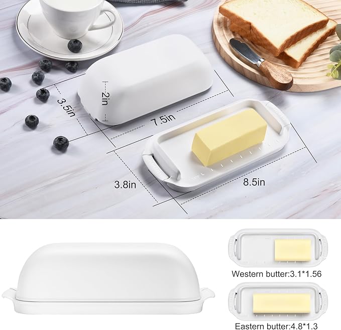 AONCO Butter Dish with Lid, Butter Container Holds for Countertop, Unbreakable Butter Keeper for Home Kitchen Decor, Perfect for East/West Coast Butter, BPA-free, Microwave/Dishwasher Safe (White)