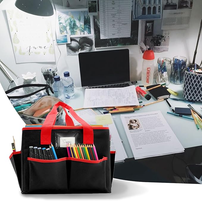 Cupohus Extra Large Art Organizer Craft Storage Tote Bag with Pockets and Hadles, Oxford Fabric Carrying Caddy for Teacher, Officer, Artist, Students, Traveler, and more – Black with Red Edge