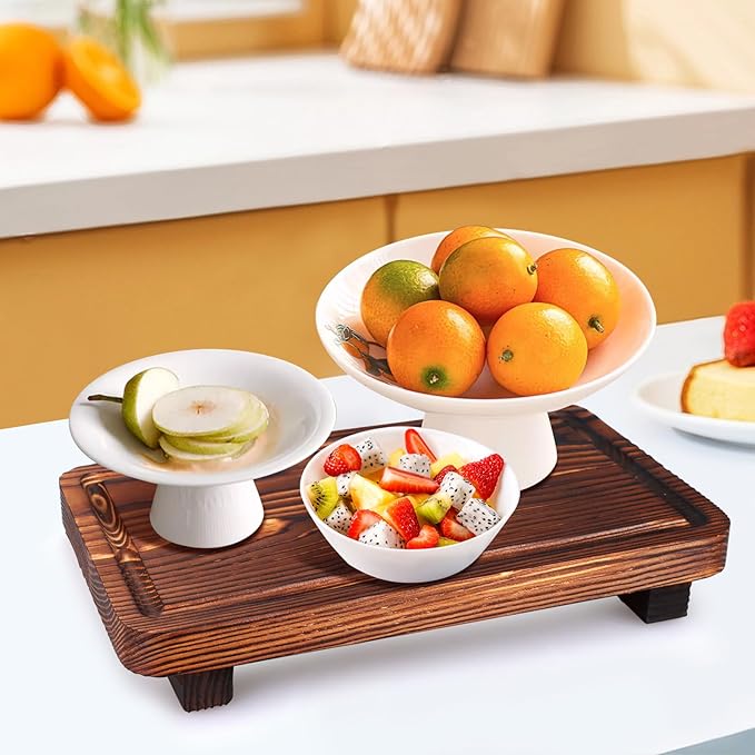 Farmhouse Bathroom Counter Tray Wood Risers Display Stands Kitchen Countertop Trays Decorative Wooden Pedestal Stand Dish Soap Dispenser Holder for Bathroom Sink Accessories Kitchen Decor Vanity Tray