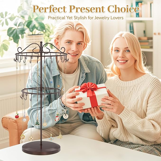 MODOWEY Rotating Necklace Holder Organizer Display Stand with 42 Hooks, 2 Tier Adjustable Metal Tree for Long Necklace Hanger Selling, Tall Spinning Bracelet Storage Rack for Men Women, Espresso Brown
