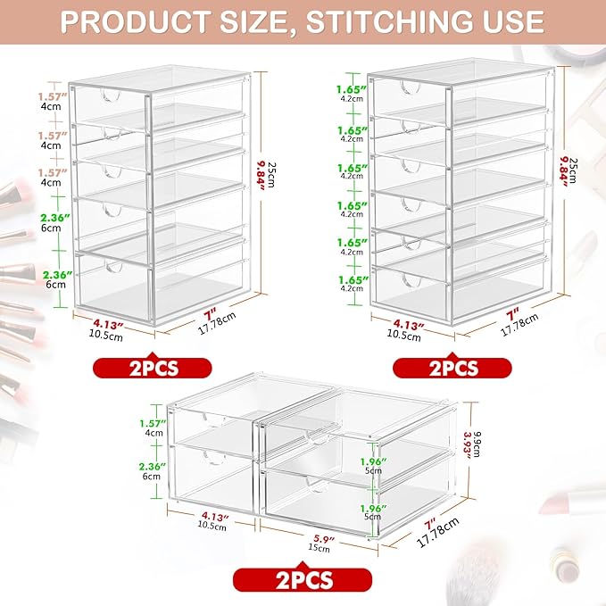 Makeup Organizer Storage With 16 Drawers, 4 Pcs Desktop Office Supplies, Desk Organizers, Clear Accessories, Dustproof Drawer and for Make Up, Jewelry, Pen, Stationary